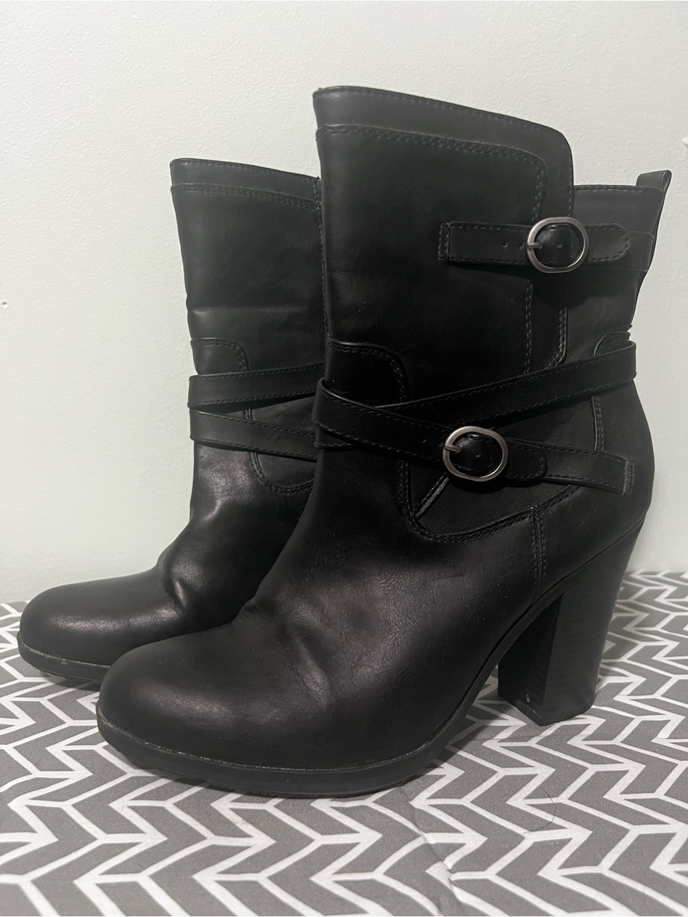 Style & Co. Black Leather Mid-Calf Buckle Heeled Boots